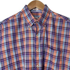 Peter Millar Mens Large Button Down Dress Shirt Plaid Orange Blue White